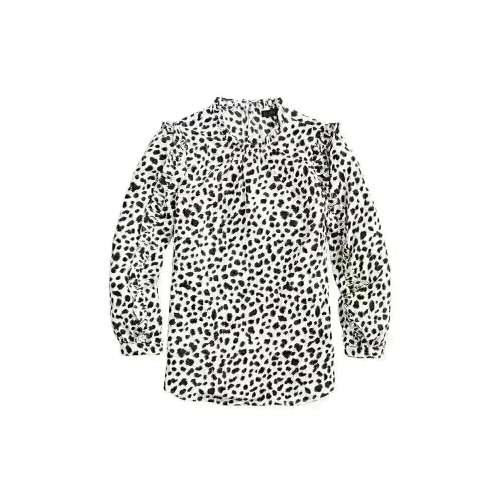 J.Crew Women’s Ruffle Sleeve Leopard Satin Long Sleeve Blouse Size S White Black
